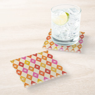 Mid Century Starbursts on Harlequin Diamonds Glass Coaster