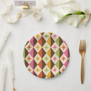 Mid Century Starbursts on Harlequin Diamonds Paper Plates