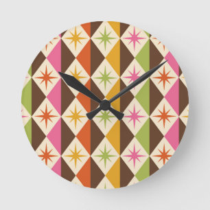 Mid Century Starbursts on Harlequin Diamonds Round Clock