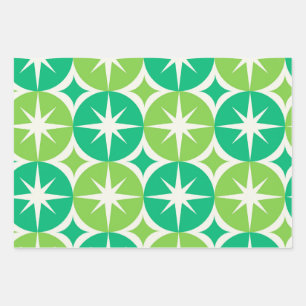 Mid Century Starbursts on Jade Lime Green Circles Wrapping Paper Sheets