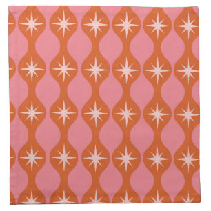Mid Century Starbursts on Ogee Pattern Pink Orange Cloth Napkin
