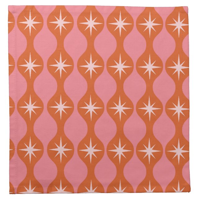 Mid Century Starbursts on Ogee Pattern Pink Orange Cloth Napkin (Front)