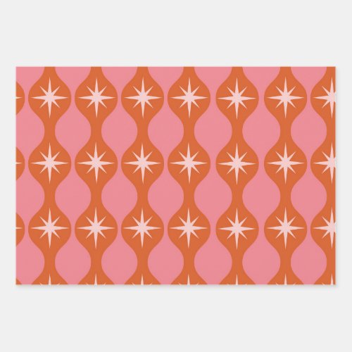 Mid Century Starbursts on Ogee Pattern Pink Orange Wrapping Paper Sheets
