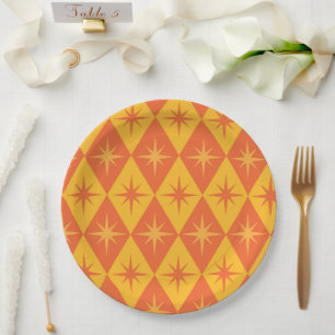 Mid Century Starbursts on Orange Amber Diamonds  Paper Plates