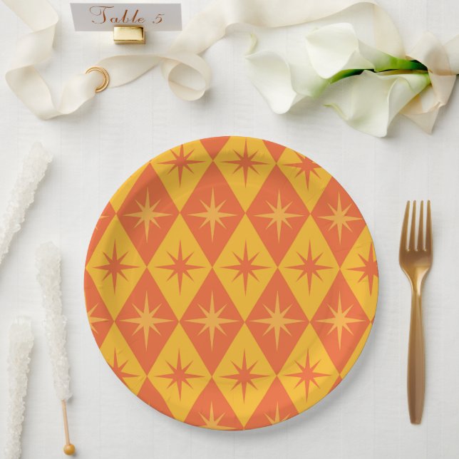 Mid Century Starbursts on Orange Amber Diamonds  Paper Plates (Wedding)