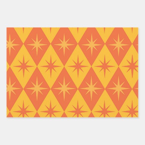 Mid Century Starbursts on Orange Amber Diamonds  Wrapping Paper Sheets
