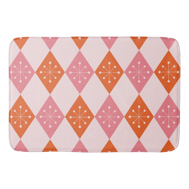 Mid Century Starbursts on Orange Pink Diamonds  Bath Mat (Front)