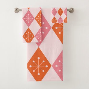 Mid Century Starbursts on Orange Pink Diamonds Bath Towel Set