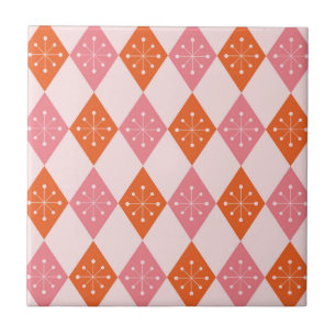 Mid Century Starbursts on Orange Pink Diamonds Ceramic Tile