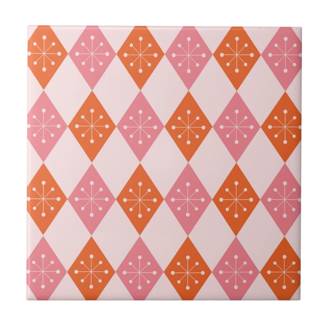 Mid Century Starbursts on Orange Pink Diamonds  Ceramic Tile (Front)