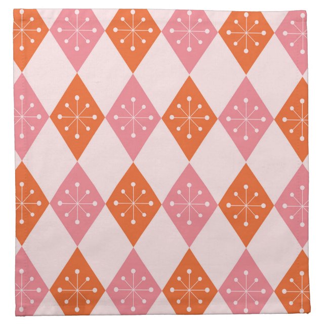 Mid Century Starbursts on Orange Pink Diamonds  Cloth Napkin (Front)
