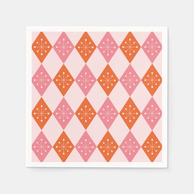 Mid Century Starbursts on Orange Pink Diamonds  Napkins (Front)