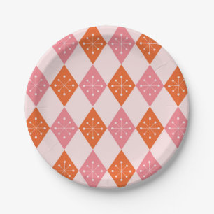 Mid Century Starbursts on Orange Pink Diamonds Paper Plates
