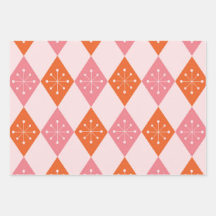 Mid Century Starbursts on Orange Pink Diamonds Wrapping Paper Sheets
