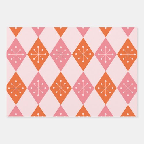 Mid Century Starbursts on Orange Pink Diamonds  Wrapping Paper Sheets