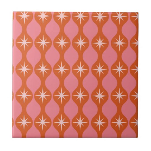 Mid Century Starbursts on Orange Pink Ogee Pattern Ceramic Tile