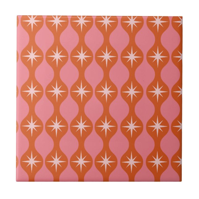 Mid Century Starbursts on Orange Pink Ogee Pattern Ceramic Tile (Front)