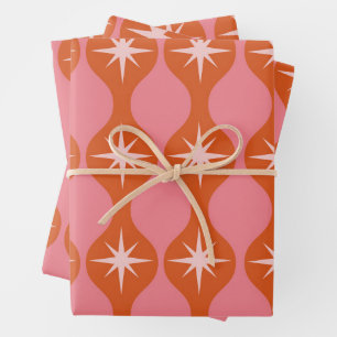Mid Century Starbursts on Orange Pink Ogee Wrapping Paper Sheets