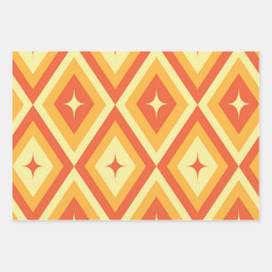 Mid Century Starbursts on Orange Red Diamonds Wrapping Paper Sheets