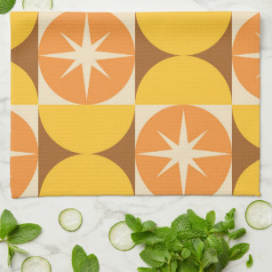 Mid Century Starbursts on Orange Yellow Circles  Kitchen Towel