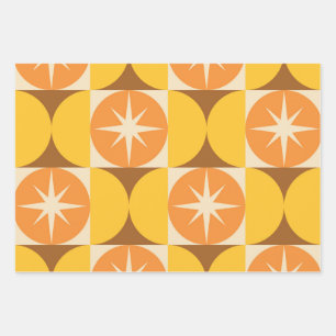 Mid Century Starbursts on Orange Yellow Circles  Wrapping Paper Sheets