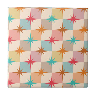 Mid Century Starbursts on Pastel Checkerboards Ceramic Tile