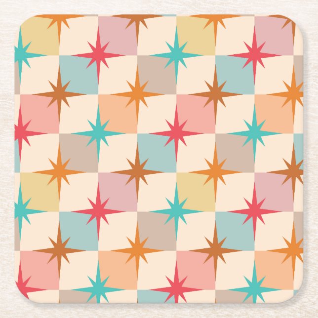 Mid Century Starbursts on Pastel Checkerboards  Square Paper Coaster (Front)