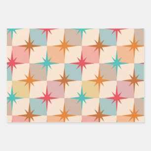 Mid Century Starbursts on Pastel Checkerboards Wrapping Paper Sheets