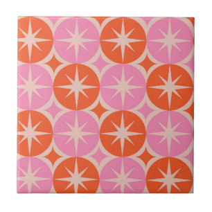 Mid Century Starbursts on Pink and Orange circles Ceramic Tile