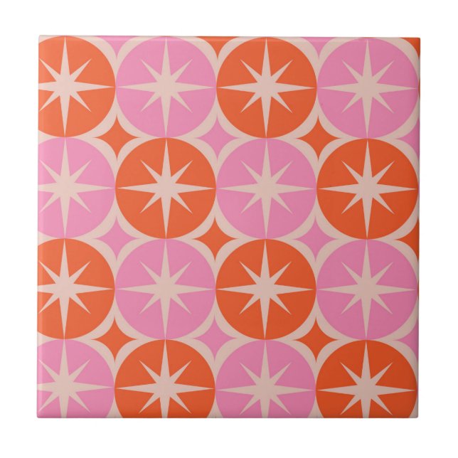 Mid Century Starbursts on Pink and Orange circles  Ceramic Tile (Front)