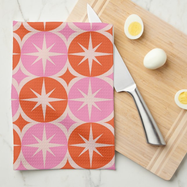 Mid Century Starbursts on Pink and Orange Circles  Kitchen Towel (Quarter Fold)