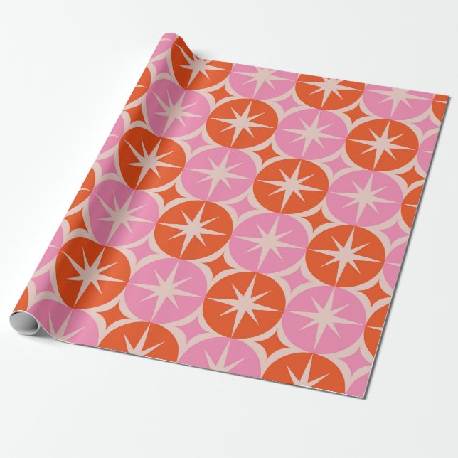 Mid Century Starbursts on Pink and Orange Cricles  Wrapping Paper (Unrolled)