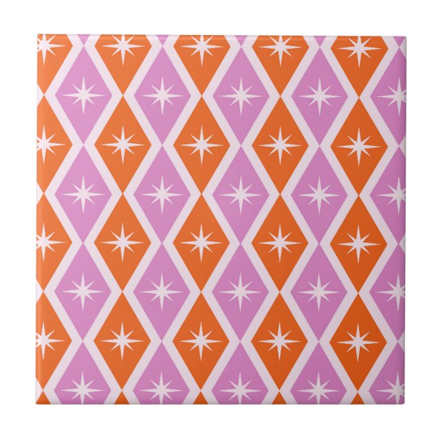Mid Century Starbursts on Pink and Orange Diamonds Ceramic Tile (Front)