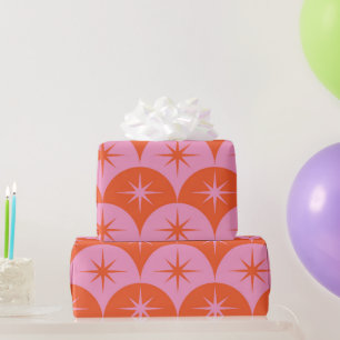 Mid Century Starbursts on Pink and Orange Scallops Wrapping Paper