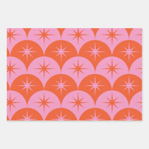 Mid Century Starbursts on Pink and Orange Scallops Wrapping Paper Sheets
