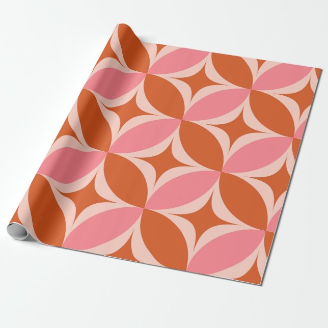 Mid Century Starbursts on Pink Orange Circles  Wrapping Paper (Unrolled)