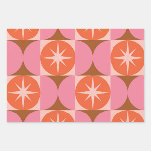 Mid Century Starbursts on Pink Orange Circles Wrapping Paper Sheets