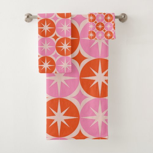 Mid Century Starbursts on Pink Orange Cricles  Bath Towel Set