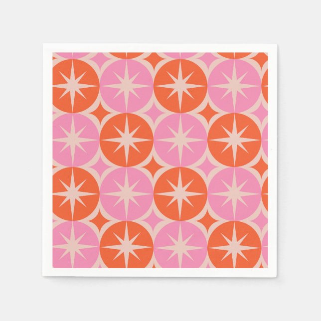 Mid Century Starbursts on Pink Orange Cricles  Napkins (Front)