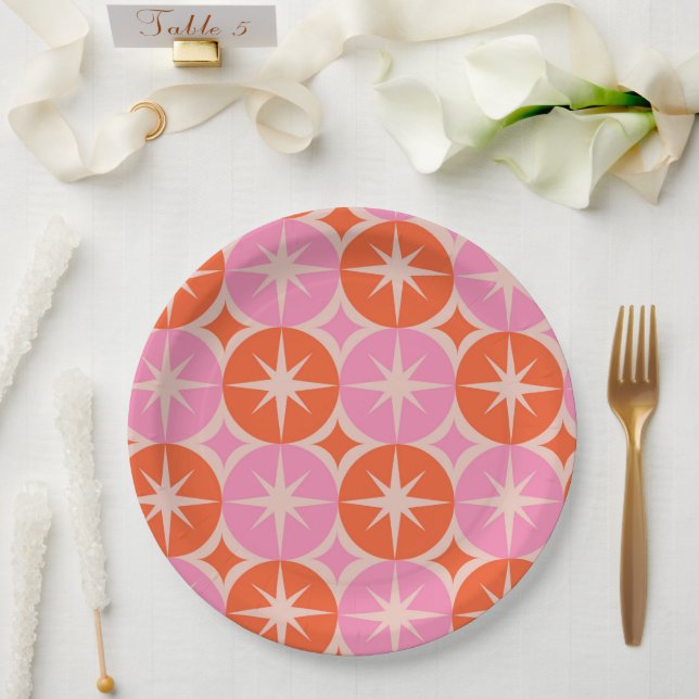 Mid Century Starbursts on Pink Orange Cricles  Paper Plates (Wedding)