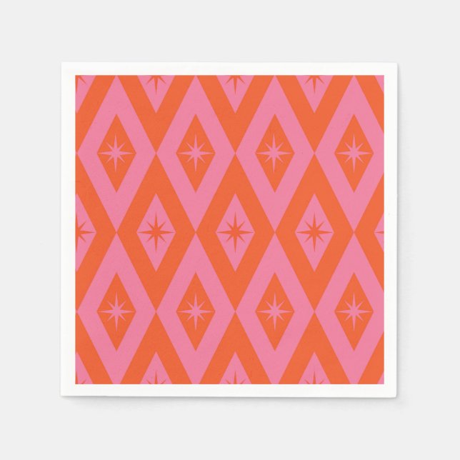 Mid Century Starbursts on Pink Orange Diamonds  Napkins (Front)
