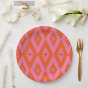 Mid Century Starbursts on Pink Orange Diamonds  Paper Plates