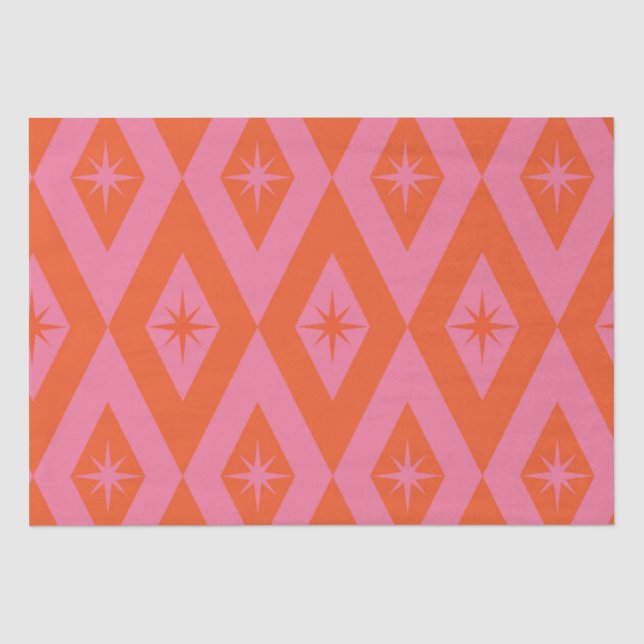 Mid Century Starbursts on Pink Orange Diamonds  Tissue Paper (Front)
