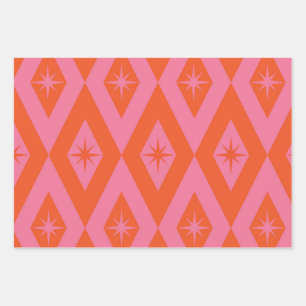 Mid Century Starbursts on Pink Orange Diamonds Wrapping Paper Sheets