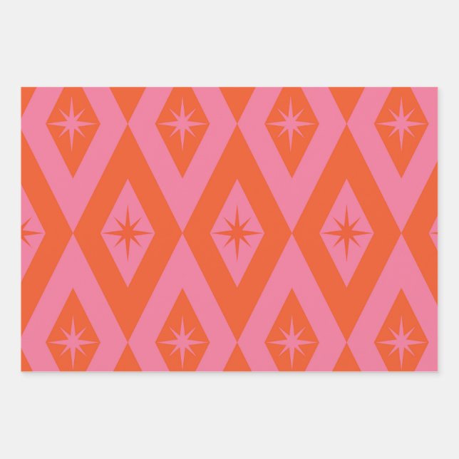 Mid Century Starbursts on Pink Orange Diamonds  Wrapping Paper Sheets (Front)