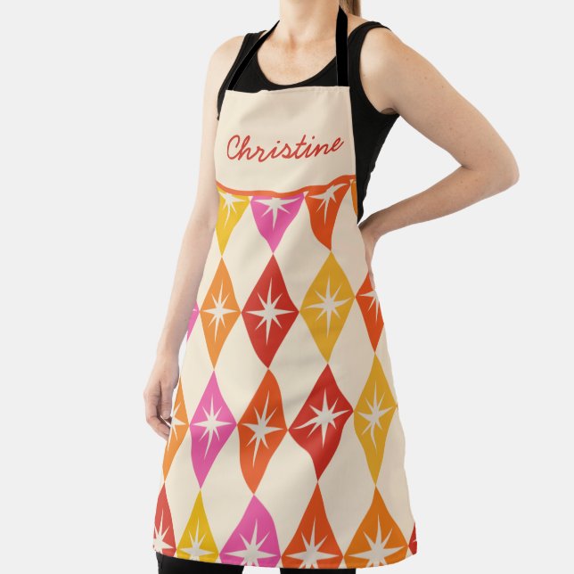 Mid Century Starbursts on Retro Diamonds Custom  Apron (Insitu)