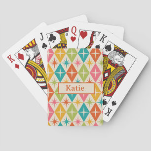 Mid Century Starbursts on Retro Diamonds Name Poker Cards