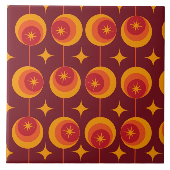Mid Century Starbursts Pattern on Retro Circles Ceramic Tile (Front)
