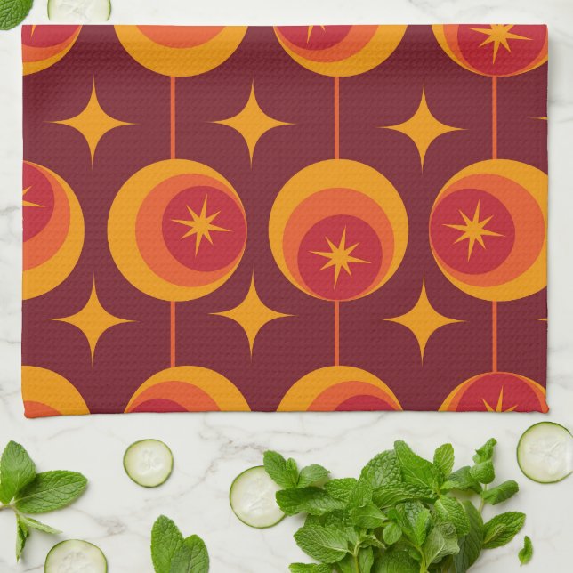 Mid Century Starbursts Pattern on Retro Circles Kitchen Towel (Folded)