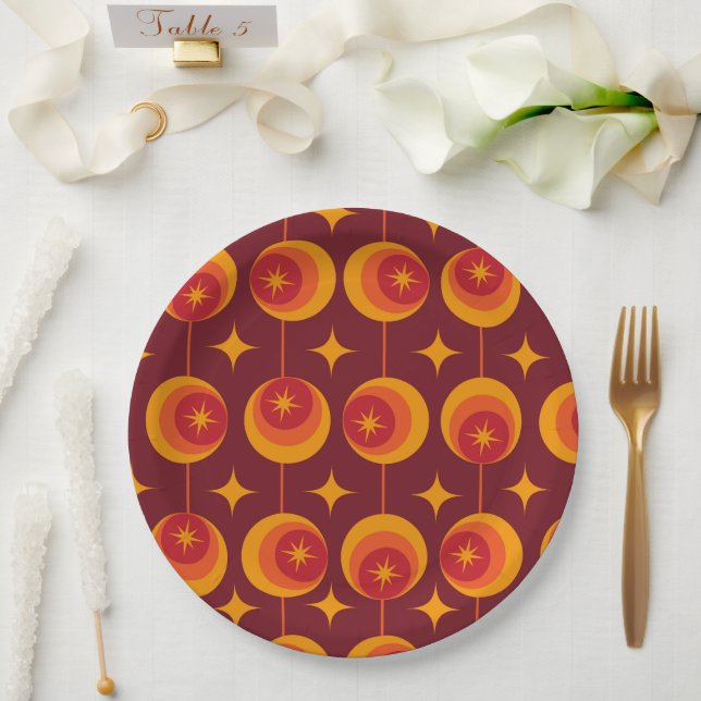 Mid Century Starbursts Pattern on Retro Circles Paper Plates (Wedding)